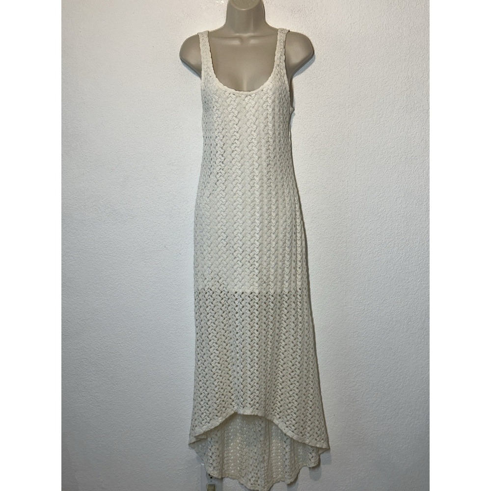 Ivory Crochet Hi/Low Maxi Dress Open Knit 1/2 Lined Boho Coastal Resort Wear L